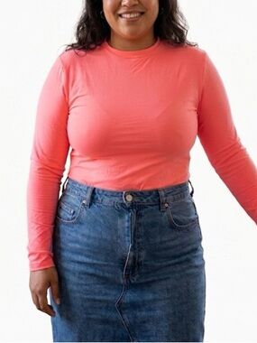 SKIMS Fits Everybody Long Sleeve Crew Neck Bodysuit Neon Coral Pink Size 2X